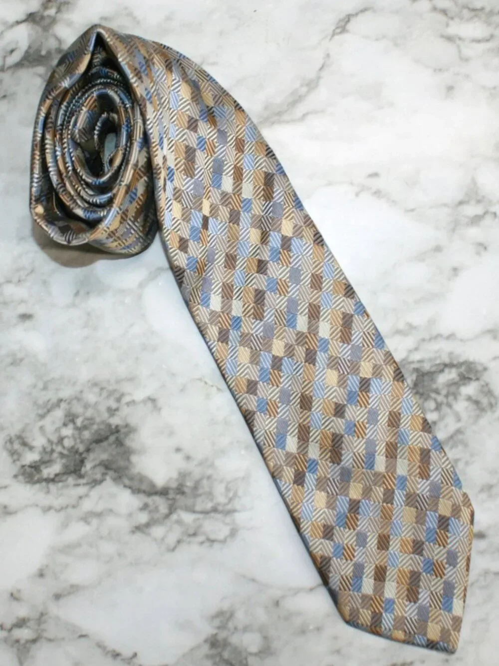 VALERIO GARATI Neck Tie Classic Patchwork Squares Neutral Tan Blue Silk Necktie